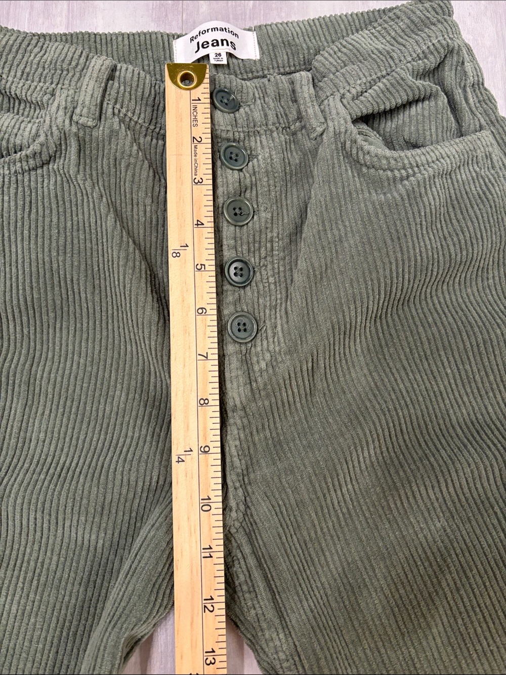Reformation Jeans Cynthia Button Fly High Rise Olive Green Corduroy Straight Leg - Picture 5 of 8